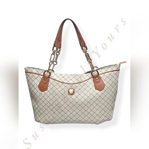 Rioni Signature Trendy Traveler's Tote Bag Cream Brown R Logo Mira Chain Handles